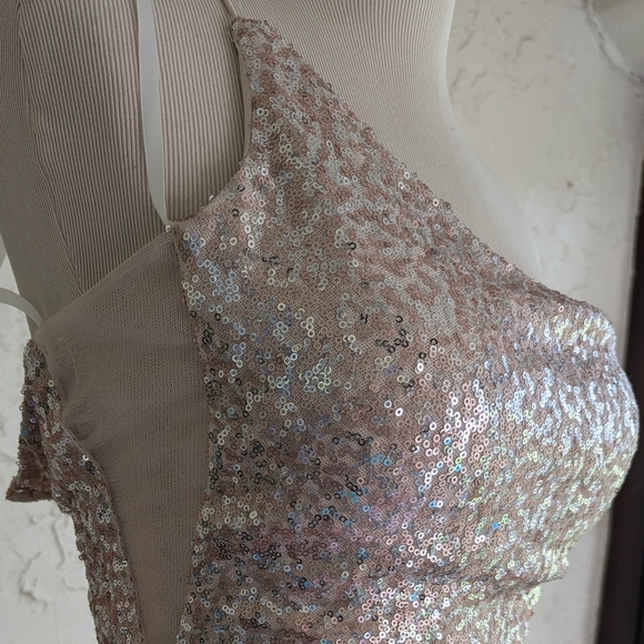 Champagne Sequin Gown, One-Shouldered Spaghetti Strap w/ Sweep Train by B. Smart - Picture 3 of 16